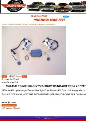 86986 1&1 96550 1968 1969 Dodge Charger Vacuum To Electric Hideaway Headlight Conversion Kit