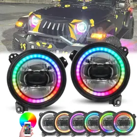 Jl12002rgb Aaiwa Pair 9ftft Rgb Halo Led Headlights Drl For 2018-2025 Jeep Wrangler Jl Gladiator Jt