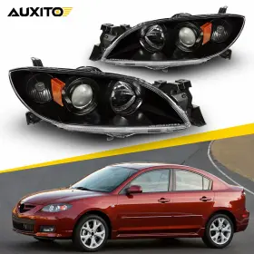 Xpd-ddzc-42847 Auxito Projector Headlights For 2004-2009 Mazda 3/4-door Sedan Black Amber Lamps