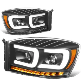 Hl-rm06g2bkam68 Bezt Led Drl Projector Headlight Pair For 2006-2009 Dodge Ram Black / Amber Corner