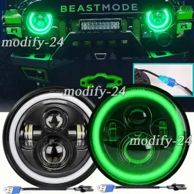 2001jk2006 C003g202 Pair 7 Inch Round Led Headlights Green Halo Angel Eyes Fit Jeep Wrangler Jk Tj Cj Lj