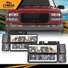 Gpl12165 Cheda Fit For 94-00 Gmc C10 C/k Suburban Chrome Housing Led Drl Headlights Bumper Lamp