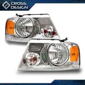 Big2026030256 Crossdesign Fit For 2004-08 Ford F150 Lincoln Amber Corner Chrome Housing Headlight Lamps