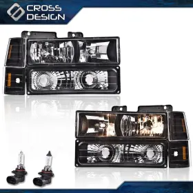 Ht-02hla4515zbk Crossdesign Fit For 94-00 Gmc C10 C/k Suburban Black Headlight Bumper Lamp Amber Corner Pair