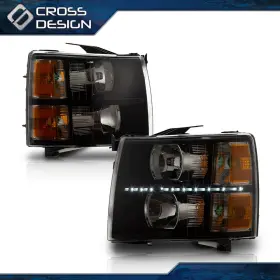 Ht-02hla4537bbk Crossdesign Led Drl Headlights Lamp Black Housing Amber Corner Fit For 07-14 Chevy Silverado