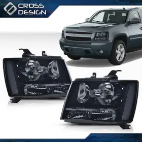 Ht-02hla4539asw Crossdesign Fit For 2007-14 Chevy Tahoe Suburban Smoke Housing Clear Corner Headlights Lamps