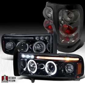 5ek45pgfac Dotcomracing Glossy Black Fit 1994-2001 Ram 1500 Halo Projector Headlights Smoke Tail Lamps
