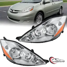M1031401p2 Everestauto 1 Pair Headlights For 2006-10 Toyota Sienna 3.5l Chrome Housing Amber Reflector