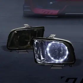 Gthlnbmus05lbwchaa Ford For 2005-2009 Mustang Chrome Crystal Headlights With Drl White Led Halo Rims
