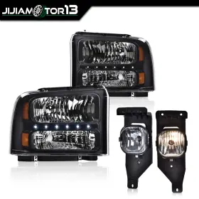 J-02hla1208xbk Jijiamotor13 Fit For 05-07 Ford Super Duty Pair Clear Lens Headlights And Fog Lights F250-550