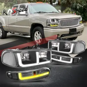 Ko72388s Ko Speed F-led Drl Black/clear Corner Oe Style Headlights For 01-07 Sierra/yukon Denali