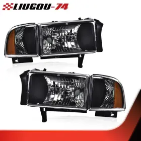Big50691 Liugou74 Headlights Fit For 1994-2002 Dodge Ram 1500 2500 3500 Black Amber Headlamps