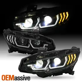5-444-hc16ap-seq-bk Oemassive For 16-21 Honda Civic Halogen Projector Black Headlights With Led Sequential Signal