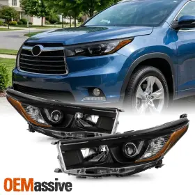 5-hd-jh-thigh14-am-bk Oemassive For 2014-2016 Toyota Highlander Halogen Type Projector Black Headlights Pair
