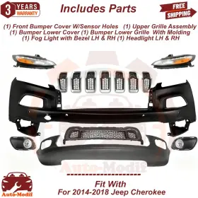 13438462 Replacement Front Bumper Cover With Sensor Holes And Headlight Kit For 2014-2018 Jeep Cherokee
