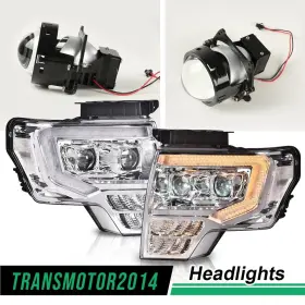 T-02hla1239bww Transmotor2014 Fit For 2009-2014 Ford F150 Pair Front Led Tube Dual Projector Headlights Chrome