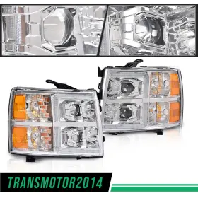 Tra806863 Transmotor2014 Fit For 07-14 Chevy Silverado Chrome Housing Amber Corner Headlights Lamps New