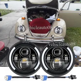 Td7y0019dd Vehauto08 Pair 7 Inch Round Led Headlights Hi/low Beam Halo Drl Fit Vw Beetle 1950-1979