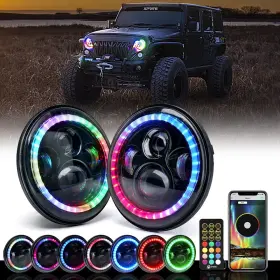 Xprite 710382792522 7 Inch 90w Led Headlights Rgb Chasing Halo For 1997-2018 Jeep Wrangler Jk Tj Lj